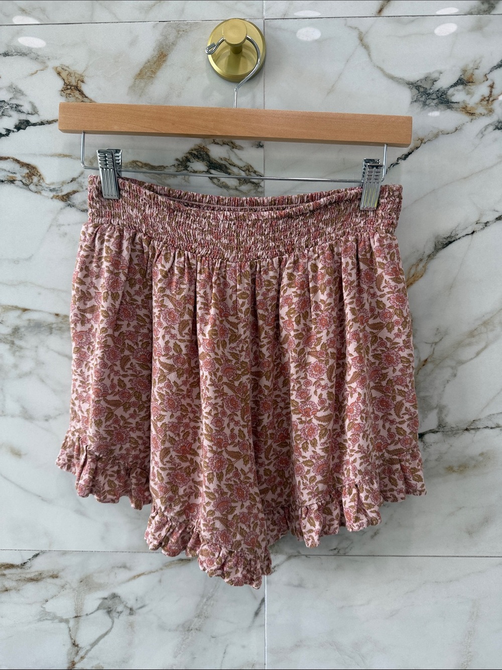American Eagle Outfitters Pink Floral Smocked Waist Ruffle Shorts